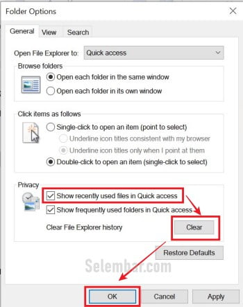 Pada folder options klik tombol clear