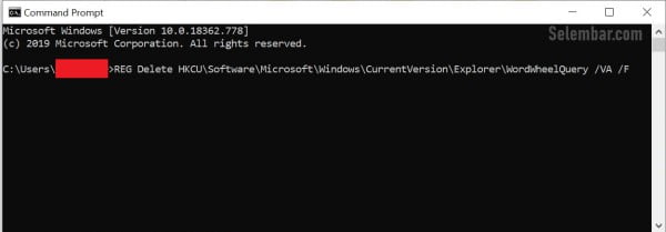 Menghapus Riwayat Pencarian File Explorer dengan cmd