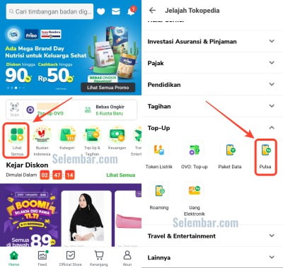 Buka menu topup di tokopedia dan pilih pulsa