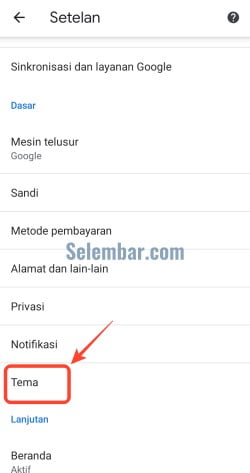 Pilih menu tema pada setelan Pilih menu tema pada setelan