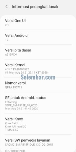 Tampilan informasi spesifikasi hp android