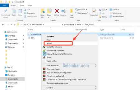 Klik kanan pada file font dan pilih install