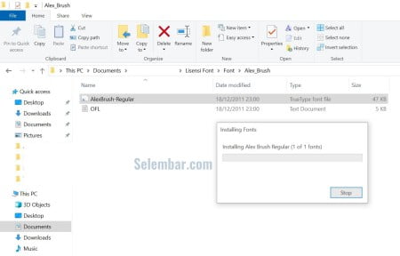 Tunggu proses instalasi font selesai