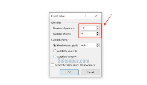 Memasukkan jumlah kolom dan baris Memasukkan jumlah kolom dan baris