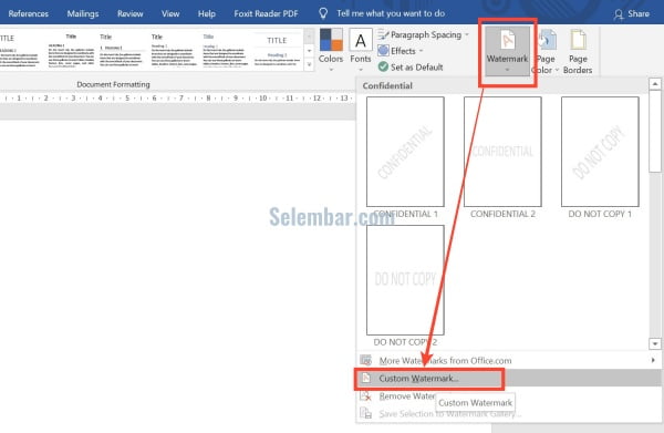Pilih menu watermark dan pilih opsi custom watermark