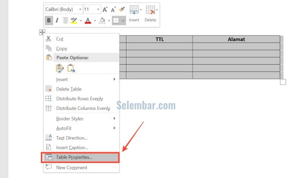 Klik kanan dan pilih table properties Klik kanan dan pilih table properties