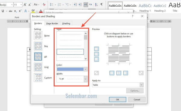 Menentukan pilihan warna tabel dan bentuk garisnya Menentukan pilihan warna tabel dan bentuk garisnya